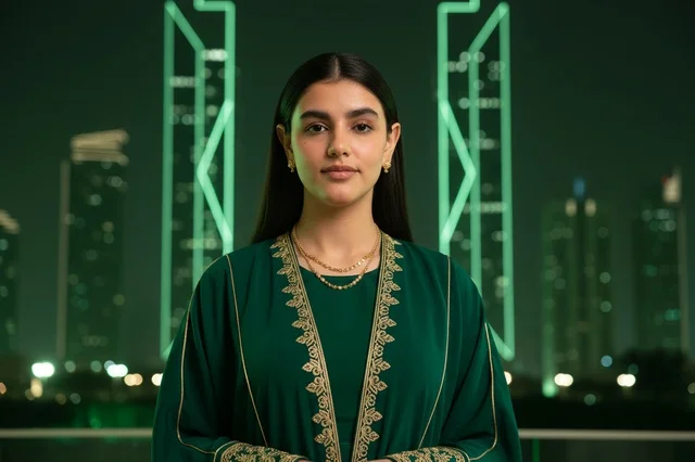 Saudi Woman in Green Abaya at Night City Skyline