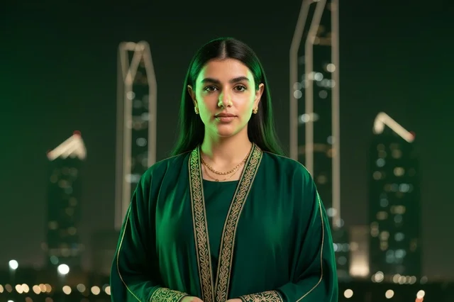 Emirati Woman in Green Bisht with Night City Skyline Emirati Woman in Green Bisht with Night City Skyline