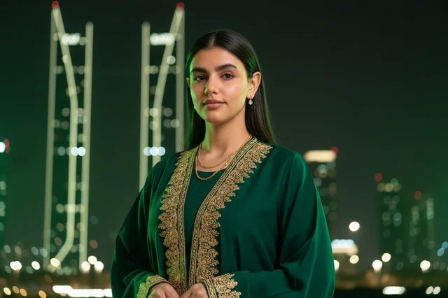 Saudi Woman in Green Abaya at Manama Night Skyline