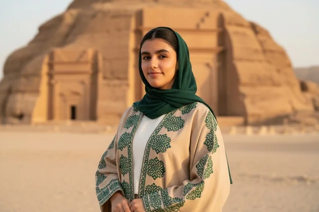 امرأة سعودية بالعباءة التقليدية في مدائن صالح العلا