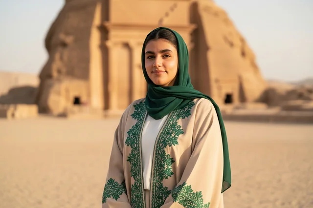 امرأة سعودية في موقع الحجر بالعلا بزي تقليدي
