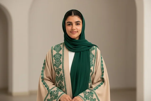 Saudi Woman in Traditional Green Hijab and Embroidered Abaya