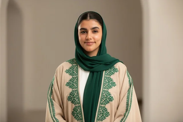Saudi Woman in Traditional Green and Beige Abaya
