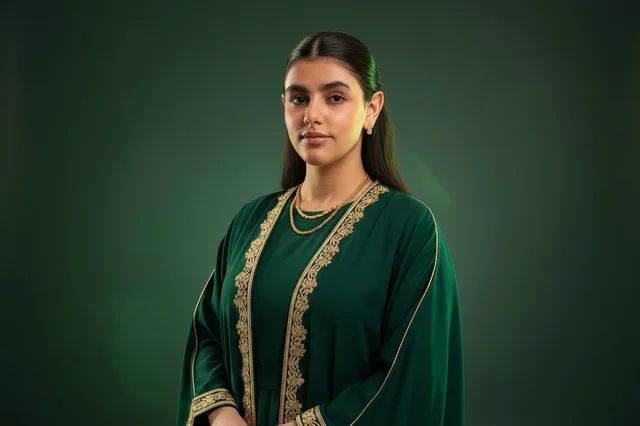 Saudi Woman in Traditional Green Embroidered Bisht