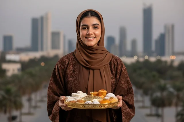 امرأة إماراتية تحمل صينية حلويات عربية أمام أفق المدينة