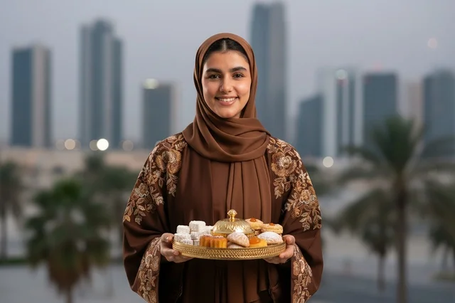 Emirati Woman with Traditional Sweets Urban Skyline