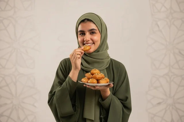 Saudi Woman in Green Abaya Eating Luqaimat