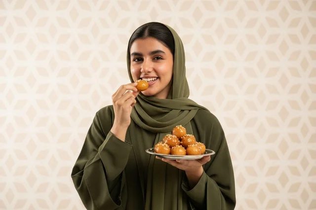 Saudi Woman in Green Abaya Eating Luqaimat Sweets