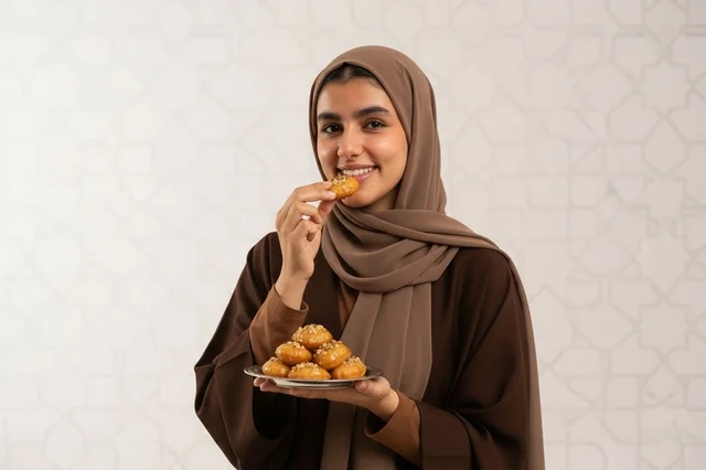 امرأة سعودية تتناول حلويات اللقيمات العربية التقليدية