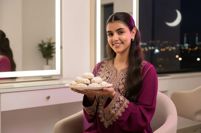 Saudi Woman in Traditional Jalabiya Holding Eid Cookies