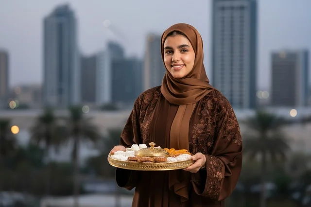 امرأة إماراتية بعباءة بنية تحمل صينية حلويات عربية
