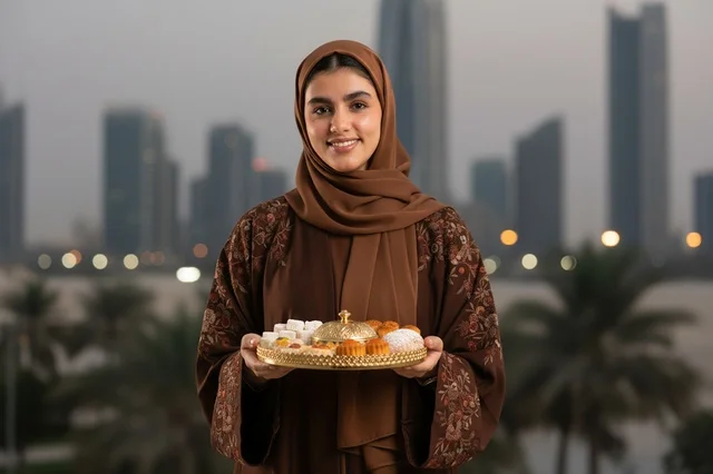 امرأة إماراتية تحمل حلويات شرقية أمام أفق المدينة