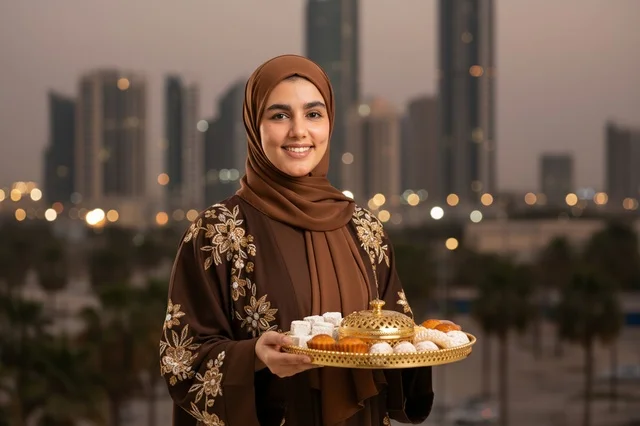 Emirati Woman with Traditional Sweets Against City Skyline