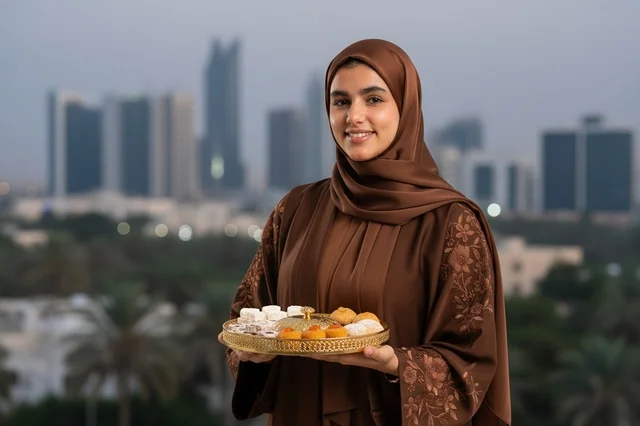 امرأة إماراتية تحمل حلويات عربية أمام أفق المدينة