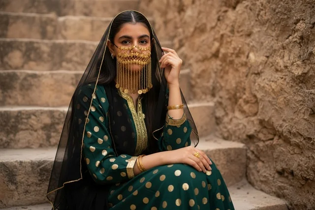 امرأة سعودية بالزي التقليدي والبرقع الذهبي