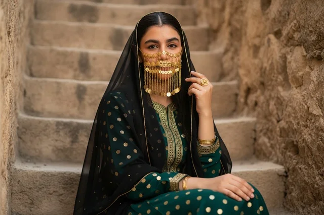 امرأة إماراتية بالزي التقليدي والبرقع الذهبي