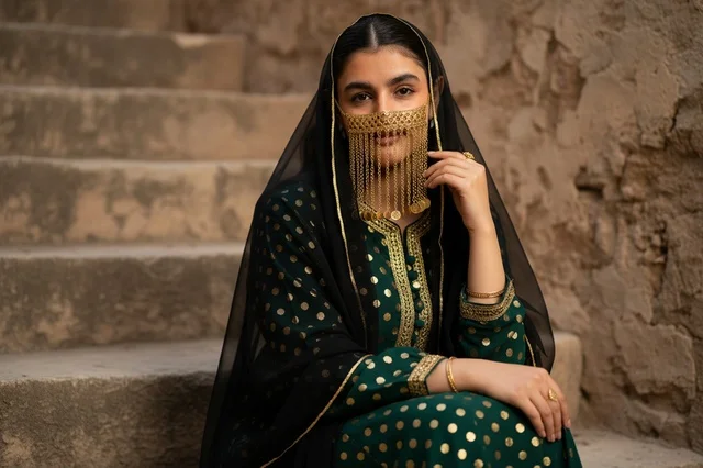 Emirati Woman in Traditional Green Jalabiya and Burqa