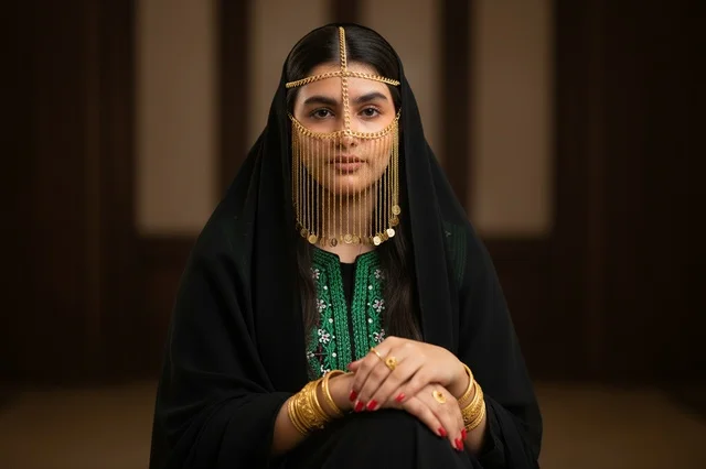 امرأة إماراتية بالزي الشعبي التقليدي والبرقع الذهبي