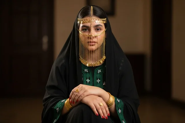 امرأة سعودية بالثوب التقليدي والبرقع الذهبي