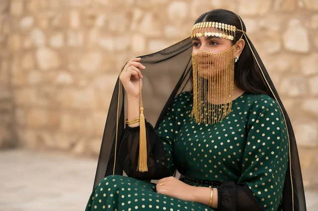 Emirati Woman in Traditional Green Jalabiya and Gold Burqa