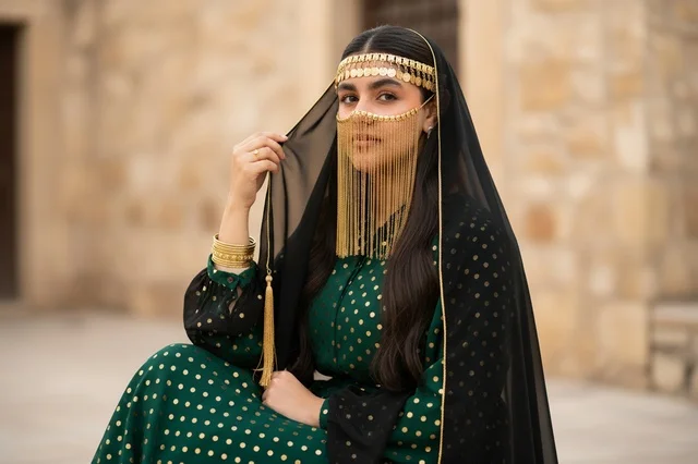 Saudi Woman in Traditional Green Dress and Gold Burqa