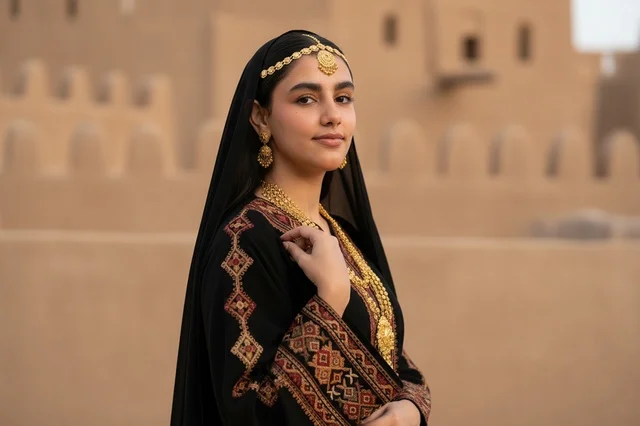 امرأة إماراتية بالزي التقليدي والمجوهرات الذهبية أمام حصن امرأة إماراتية بالزي التقليدي والمجوهرات الذهبية أمام حصن