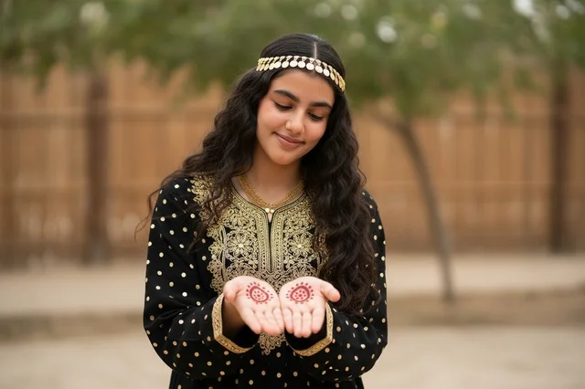 امرأة سعودية بالزي النجدي مع نقش حناء