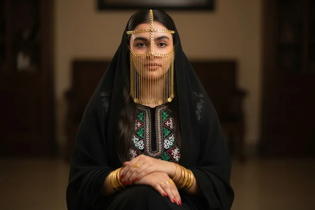 امرأة سعودية بالزي التقليدي والبرقع الذهبي