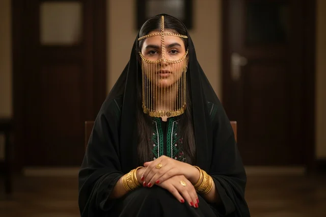 Emirati Woman in Traditional Black Abaya and Gold Burqa