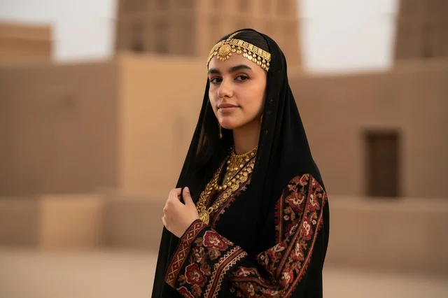 Saudi Woman in Traditional Dress at Heritage Site