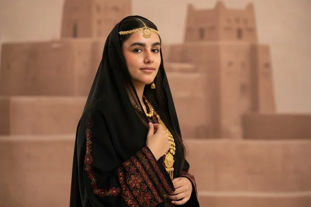 امرأة سعودية بالزي التقليدي أمام خلفية تراثية