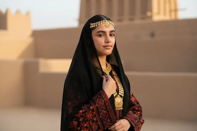Saudi Woman in Traditional Najdi Dress and Gold Jewelry