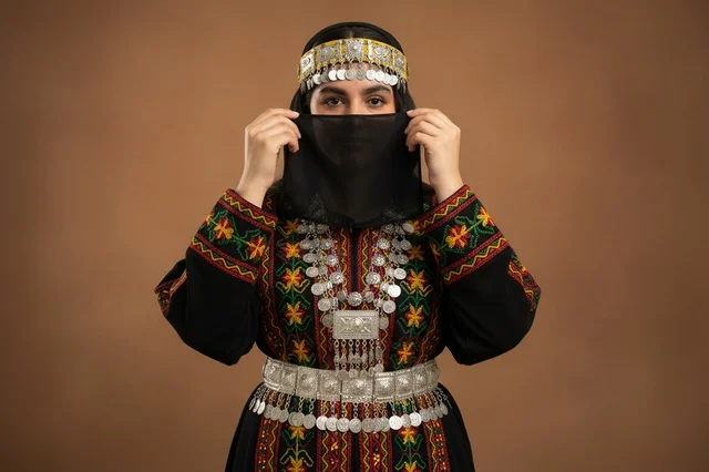 امرأة سعودية بالزي الشعبي المطرز مع النقاب