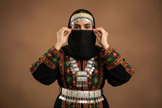 Saudi Woman in Traditional Folk Dress and Silver Jewelry