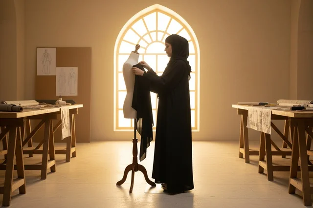 مصممة أزياء سعودية تعمل في مرسم خاص مع مانيكان
