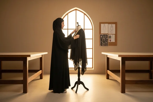 مصممة أزياء سعودية تعمل في مرسم خاص مع مانيكان