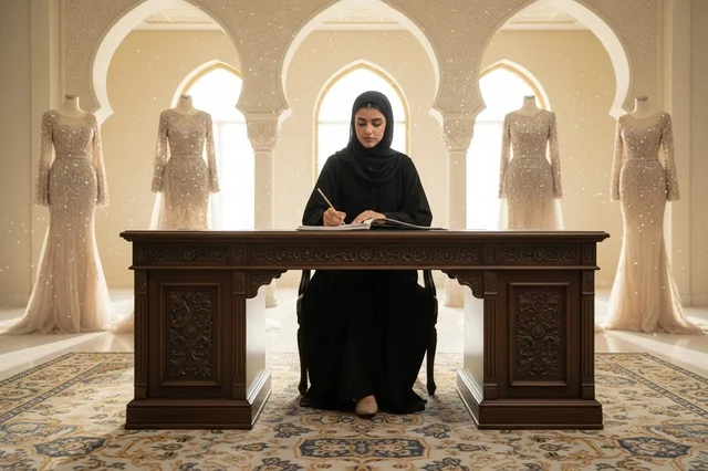 مصممة أزياء إماراتية تكتب على مكتب في استوديو فاخر