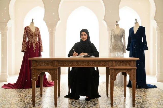 مصممة أزياء إماراتية في استوديو مع فساتين سهرة