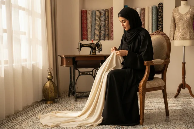 امرأة إماراتية تخيط العباءة التقليدية في ورشة خياطة
