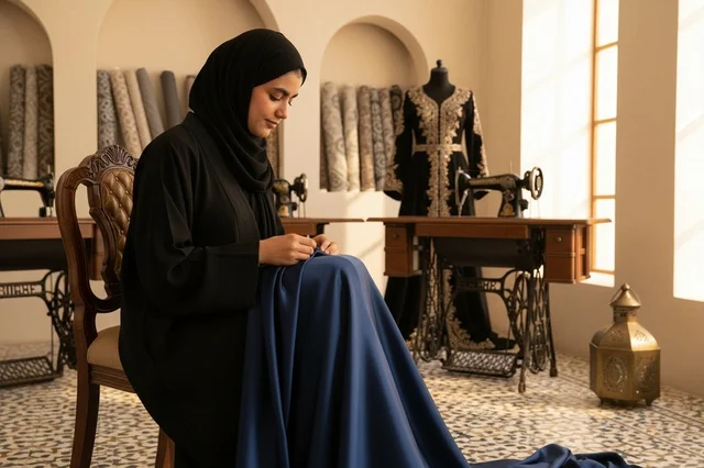 An Emirati woman is sewing the traditional abaya in a sewing workshop.