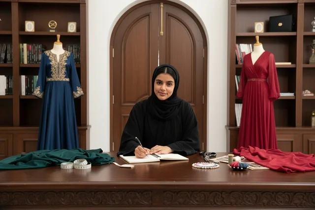 Emirati Fashion Designer in Tailoring Studio with Abaya Emirati Fashion Designer in Tailoring Studio with Abaya