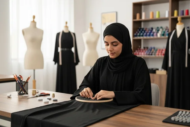 امرأة إماراتية تقوم بالتطريز اليدوي في مشغل خياطة امرأة إماراتية تقوم بالتطريز اليدوي في مشغل خياطة