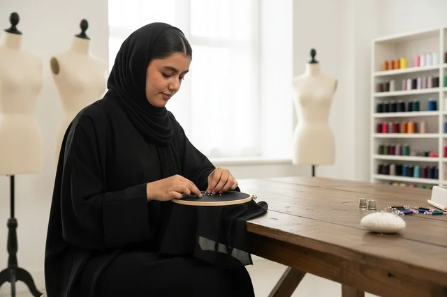 Saudi Female Fashion Designer Doing Manual Embroidery