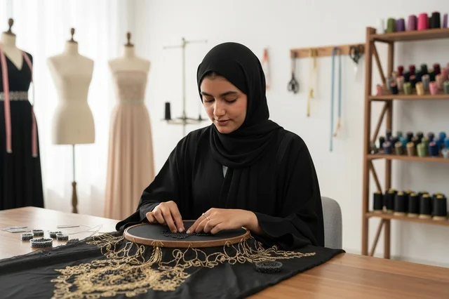 مصممة أزياء إماراتية تعمل في ورشة الخياطة