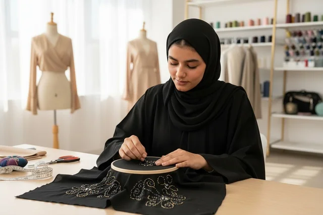 Emirati Woman in Abaya Doing Traditional Embroidery