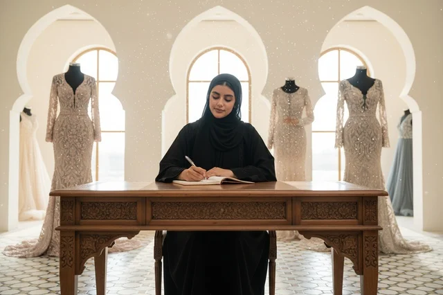Emirati Fashion Designer in Abaya Working in Studio