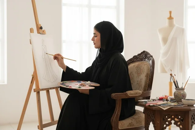 Saudi Female Artist Painting Fashion Sketch in Studio