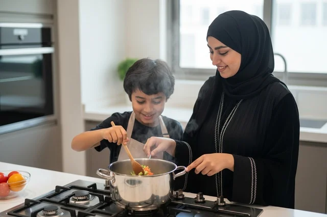 Emirati Mother and Son Cooking in Modern Kitchen