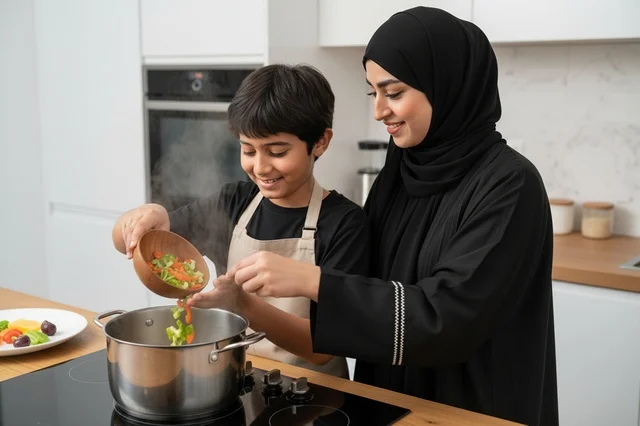 Emirati Mother and Son Cooking in Modern White Kitchen