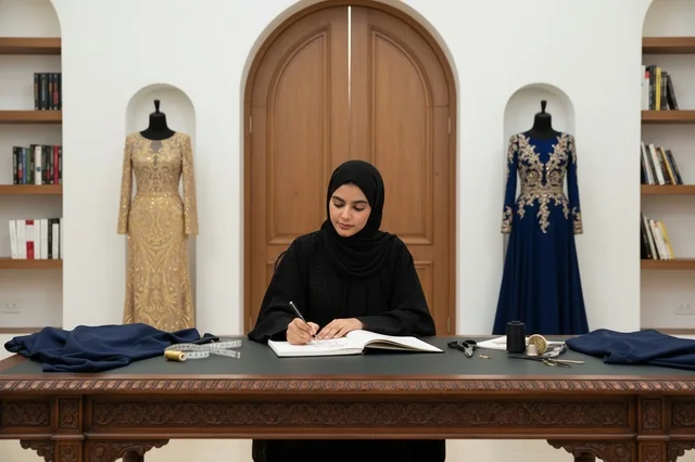 مصممة أزياء إماراتية بالعباءة ترسم في المرسم الخاص